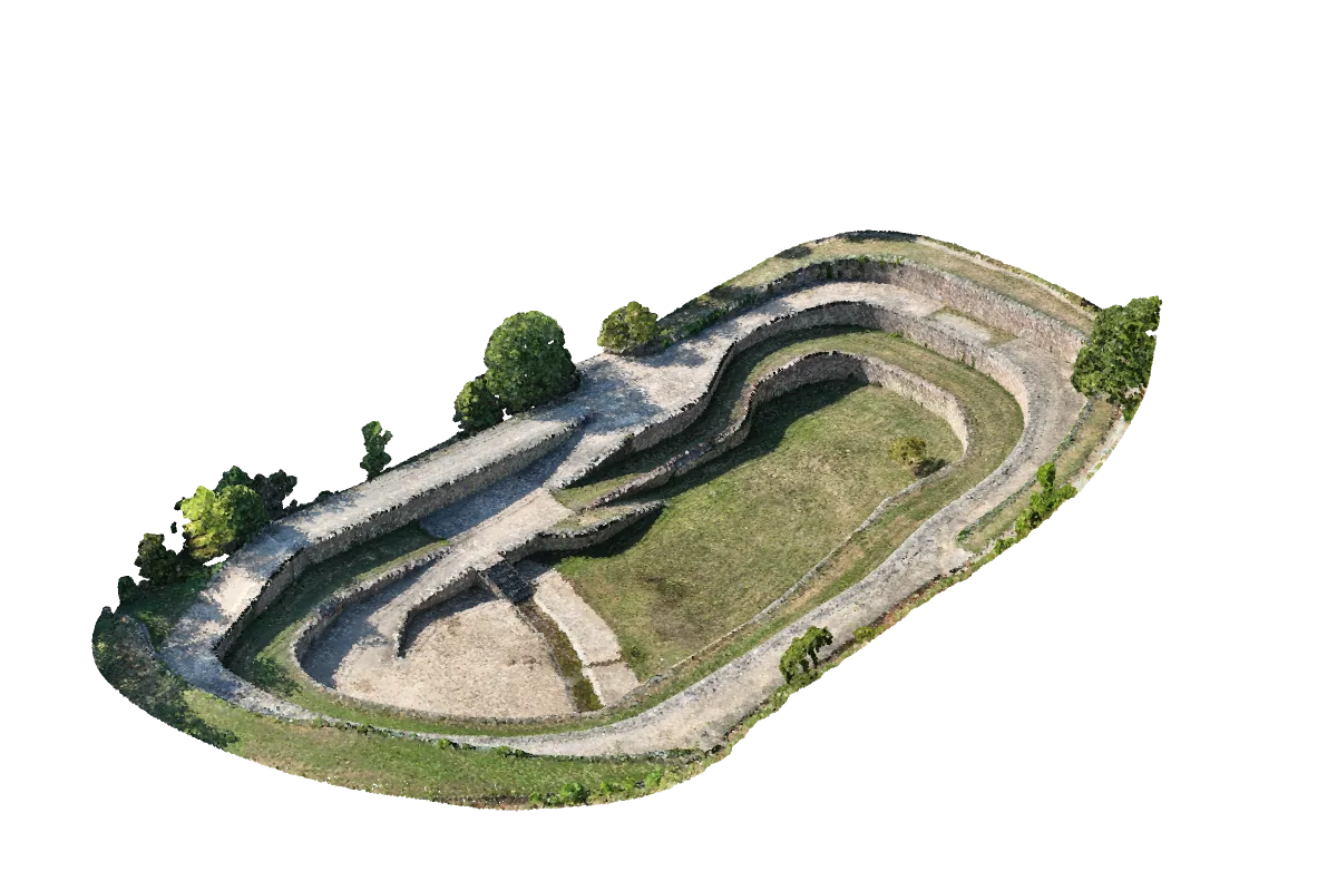 An angled point-cloud view of the whole Chase Colosseum bowl, showing its grassy floor and terraced concrete walls.